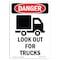 Signmission OSHA Danger Sign, Look Out For Trucks, 14in X 10in Aluminum, 10" W, 14" L, Portrait OS-DS-A-1014-V-1442 - alternate 1